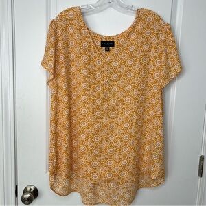 Premise Tunic Top Sz 2X Mustard White Floral Geometric Short Sleeve Boho